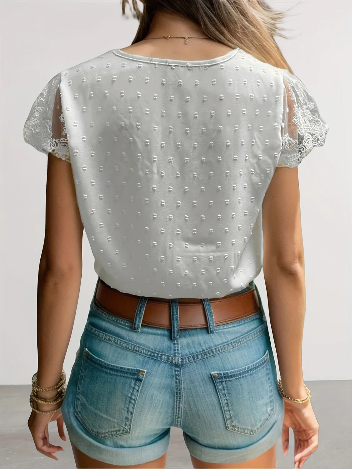 TEEK - Swiss Dot Lace V-Neck Cap Sleeve Blouse