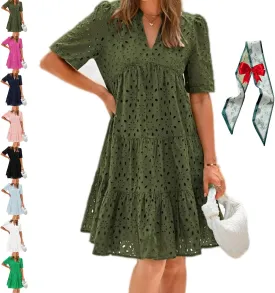 The Beauty North Eyelet Dress, Women Summer Ruffle Hem Lace Eyelet Dress, Women's Elegant Hollow Out Lace Ruffle Casual