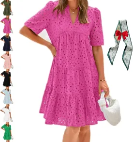 The Beauty North Eyelet Dress, Women Summer Ruffle Hem Lace Eyelet Dress, Women's Elegant Hollow Out Lace Ruffle Casual