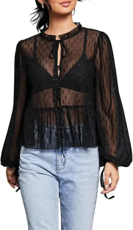 Verdusa Women's See Through Mesh Polka Dots Bow Front Ruffle Peplum Long Sleeve Blouse