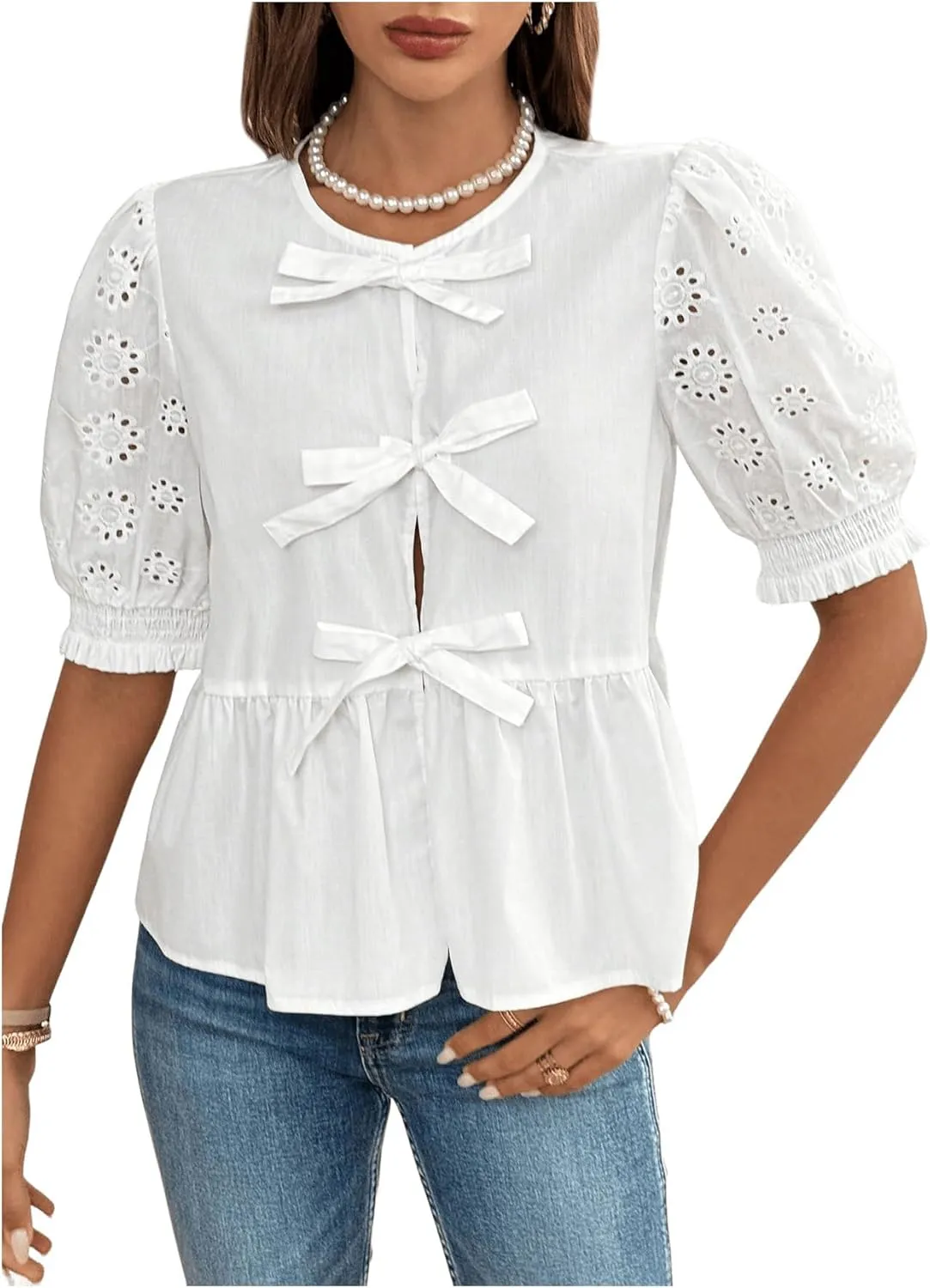 WDIRARA Women's Floral Print Bow Tie Front Blouse Puff Short Sleeve Round Neck Peplum Babydoll Shirt