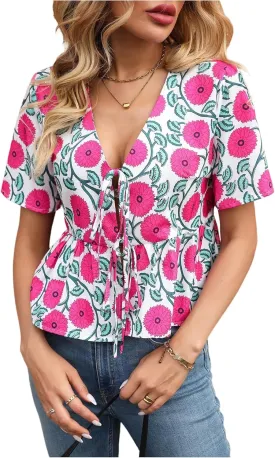 WDIRARA Women's Floral Print Bow Tie Front Blouse Puff Short Sleeve Round Neck Peplum Babydoll Shirt