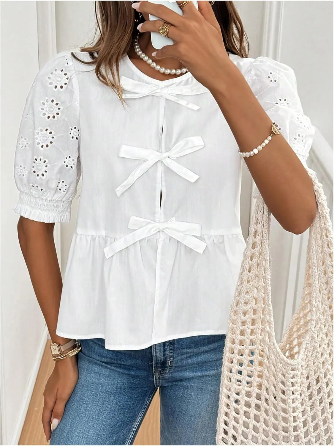WDIRARA Women's Floral Print Bow Tie Front Blouse Puff Short Sleeve Round Neck Peplum Babydoll Shirt