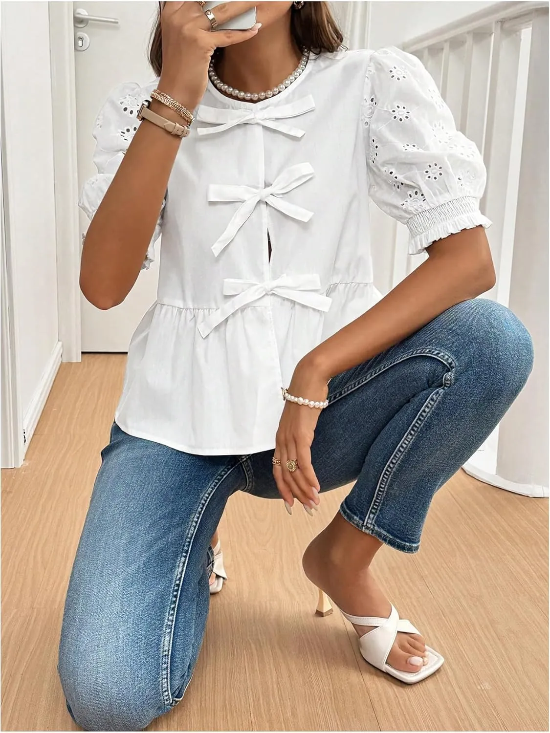 WDIRARA Women's Floral Print Bow Tie Front Blouse Puff Short Sleeve Round Neck Peplum Babydoll Shirt