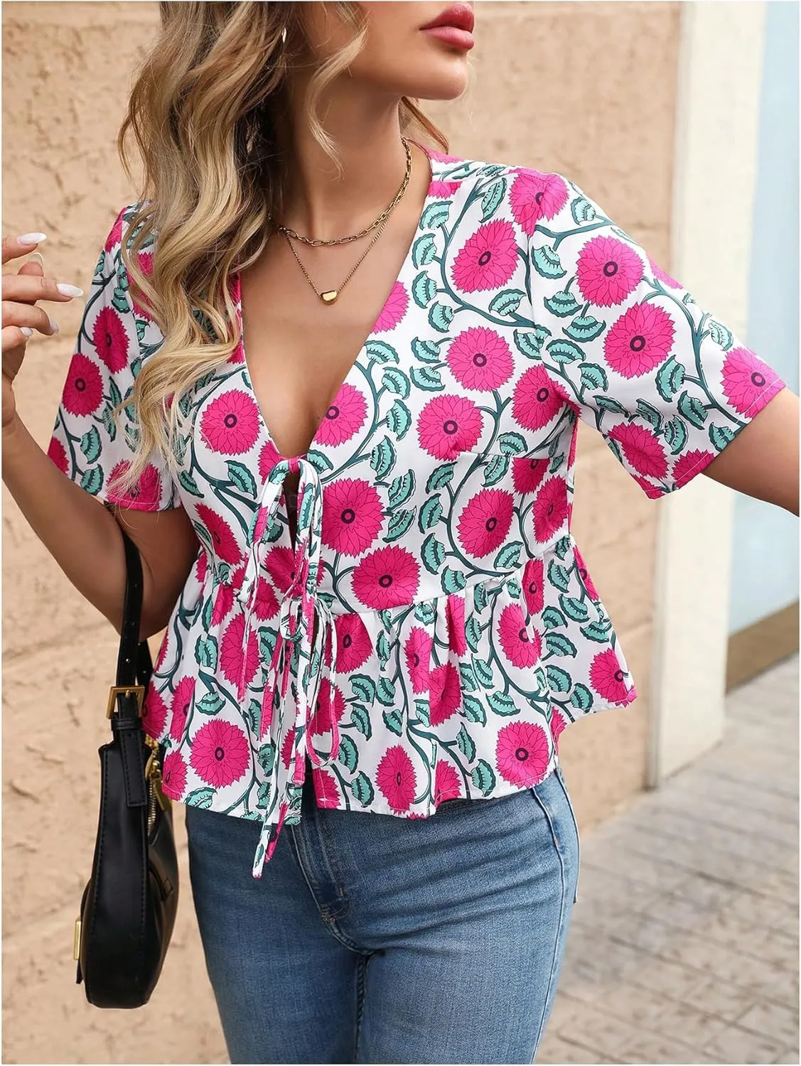 WDIRARA Women's Floral Print Bow Tie Front Blouse Puff Short Sleeve Round Neck Peplum Babydoll Shirt