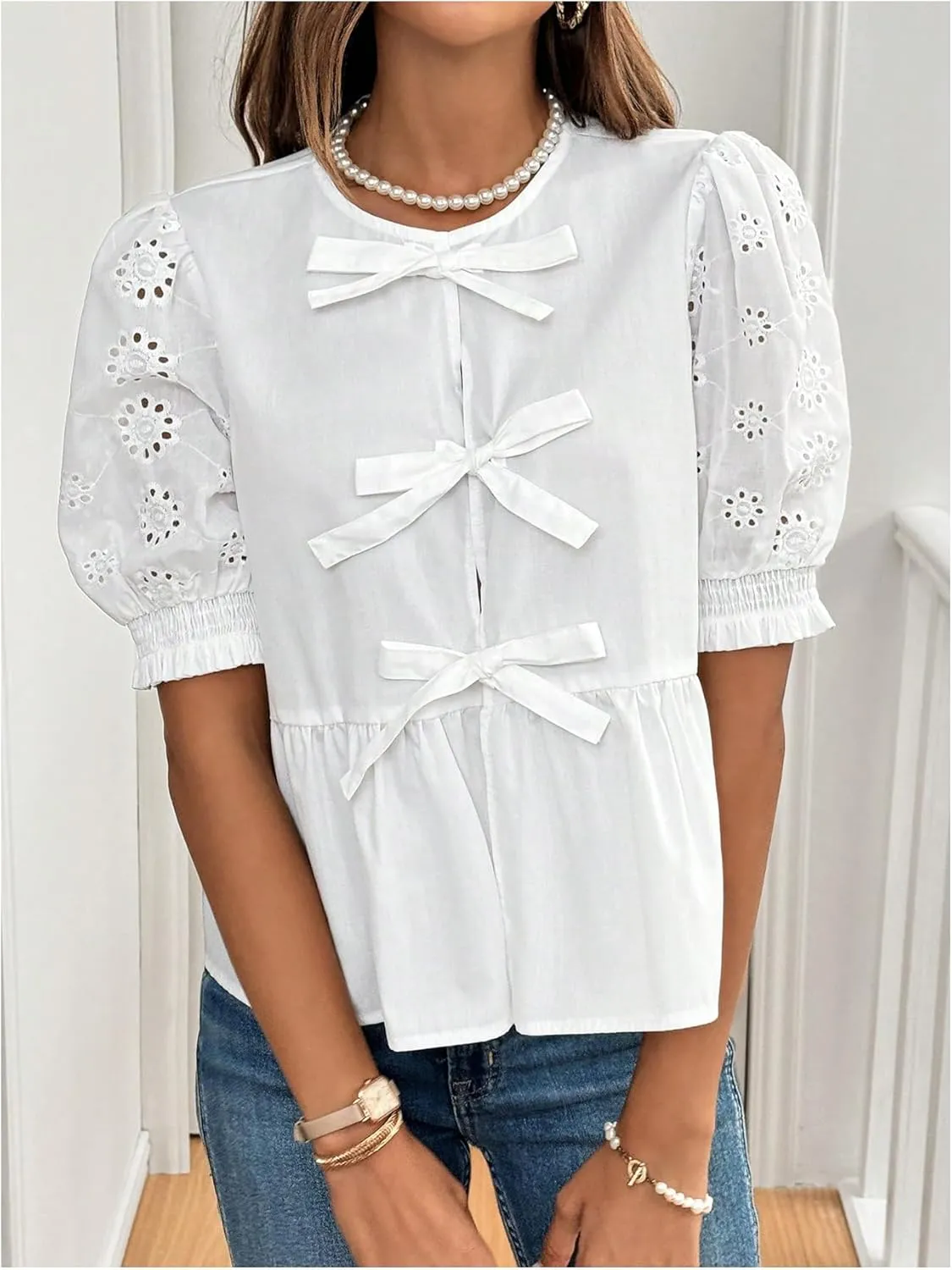 WDIRARA Women's Floral Print Bow Tie Front Blouse Puff Short Sleeve Round Neck Peplum Babydoll Shirt