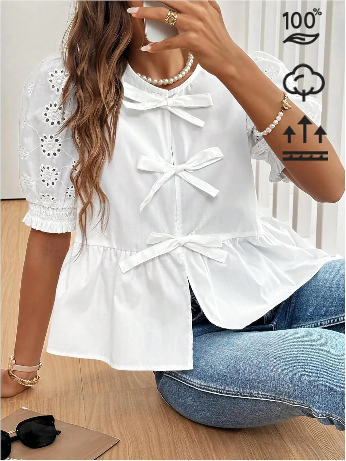 WDIRARA Women's Floral Print Bow Tie Front Blouse Puff Short Sleeve Round Neck Peplum Babydoll Shirt