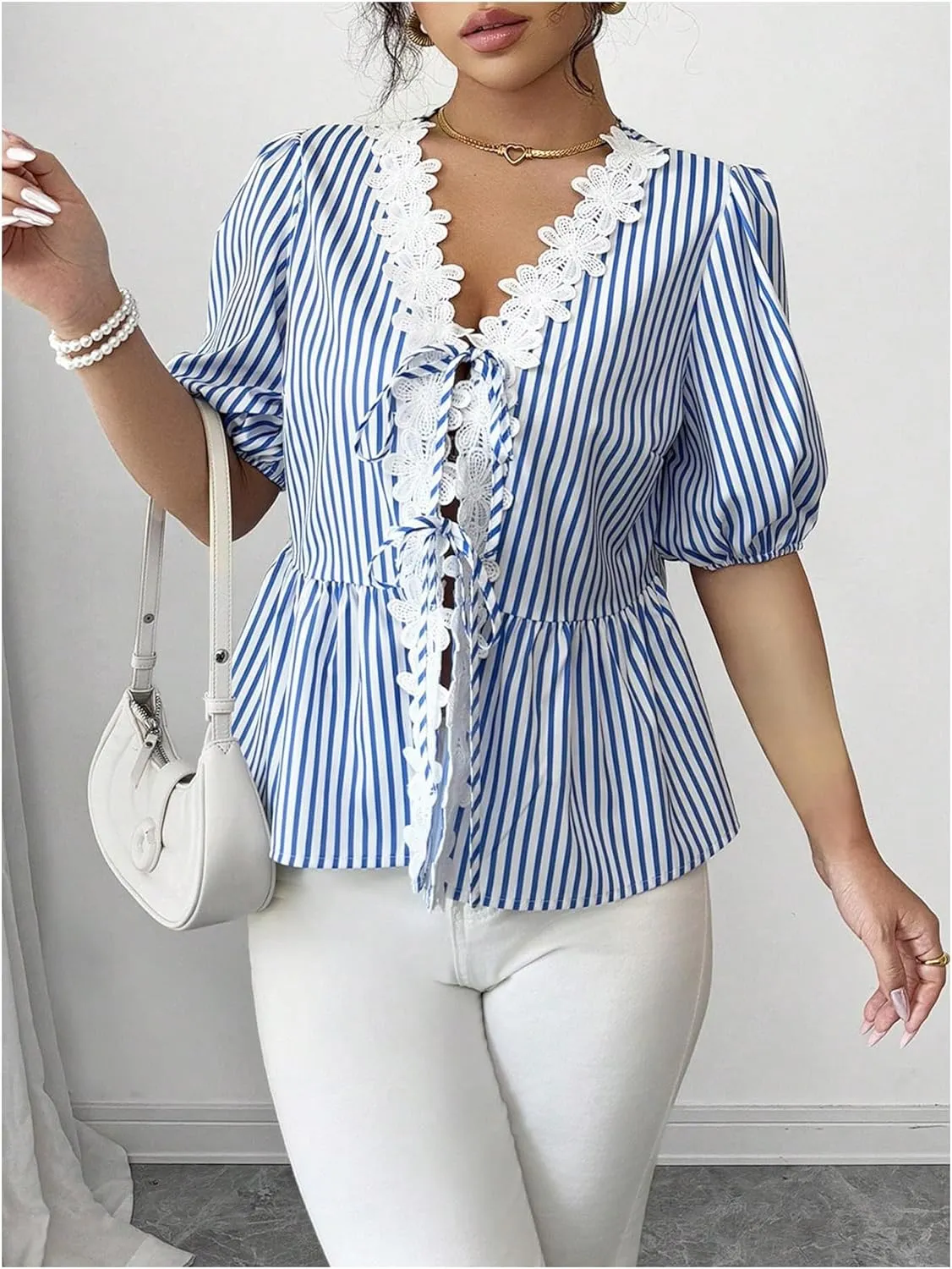 WDIRARA Women's Floral Print Bow Tie Front Blouse Puff Short Sleeve Round Neck Peplum Babydoll Shirt