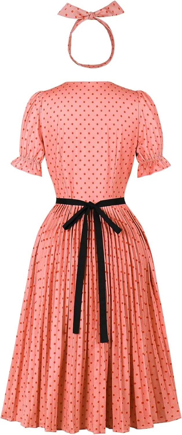 Wellwits Women's Polka Dots Ruffle Puff Sleeves Pleated Vintage Dress