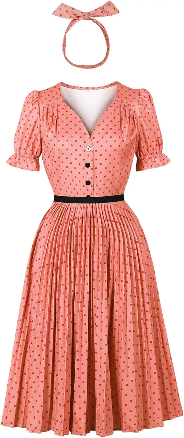 Wellwits Women's Polka Dots Ruffle Puff Sleeves Pleated Vintage Dress