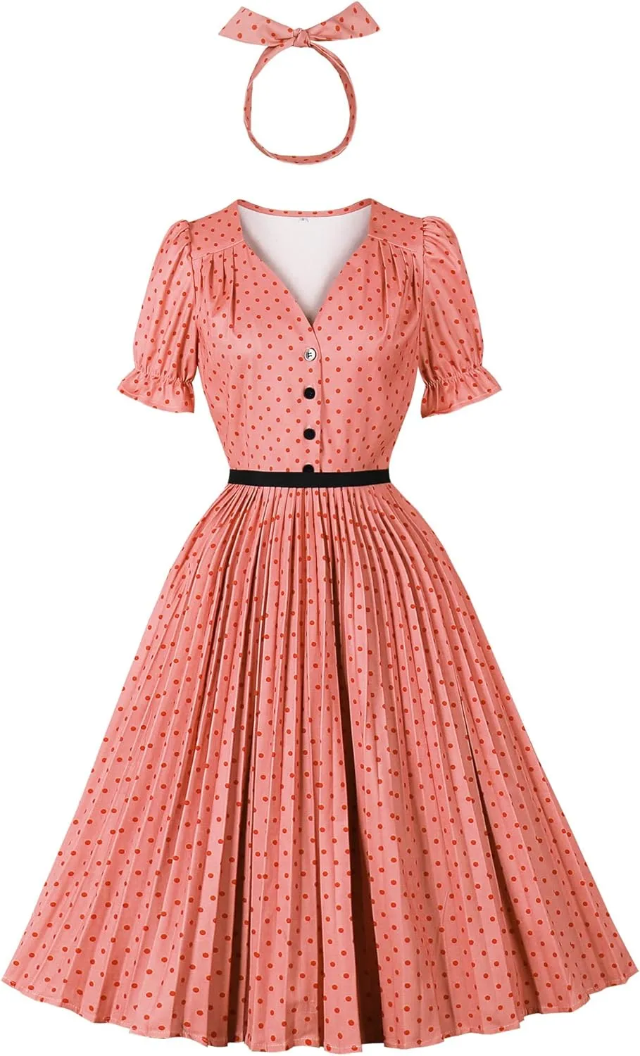 Wellwits Women's Polka Dots Ruffle Puff Sleeves Pleated Vintage Dress