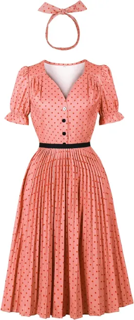 Wellwits Women's Polka Dots Ruffle Puff Sleeves Pleated Vintage Dress
