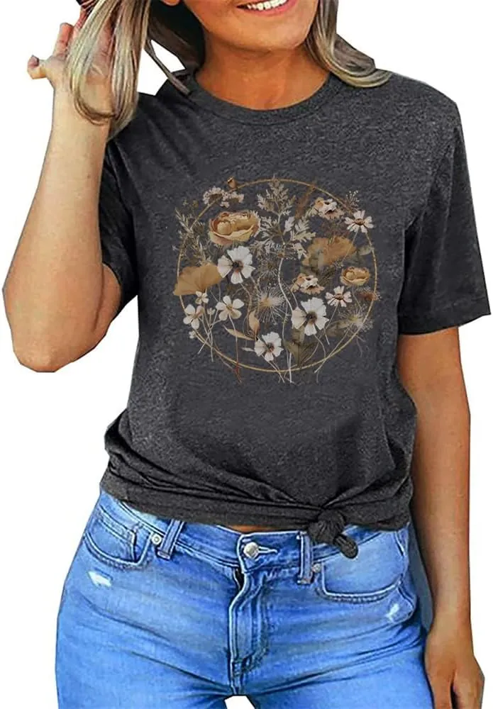 Wildflower Shirt Women Floral Boho Daisy Nature Butterfly Printed Graphic Tees Tops Garden Botanical Flowers Lover T Shirts