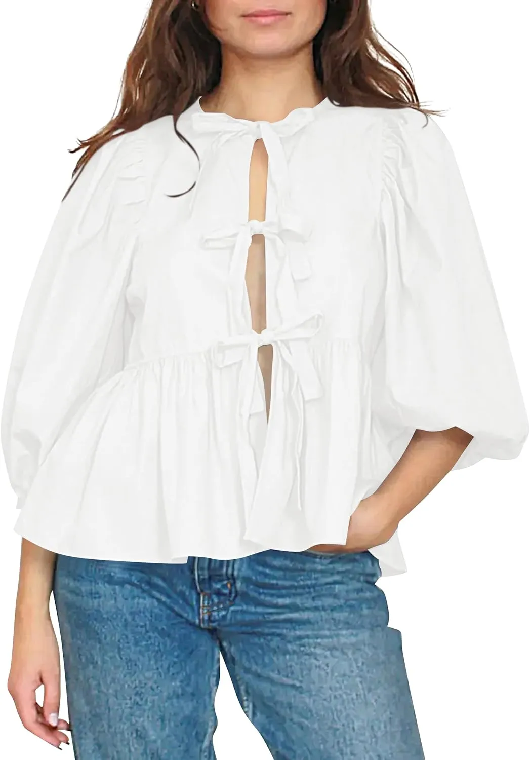 Women Cute Puff Sleeve Bow Tie Front Peplum Tops Ruffle Vacation Babydoll Blouse Shirts Summer Going Out Outfits