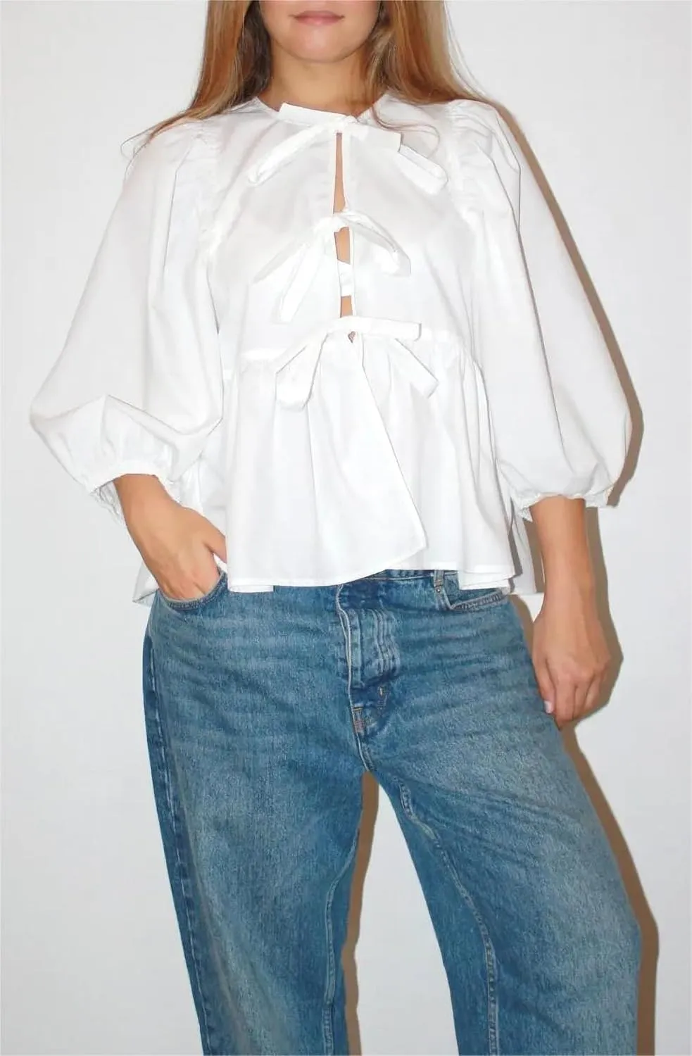 Women Cute Puff Sleeve Bow Tie Front Peplum Tops Ruffle Vacation Babydoll Blouse Shirts Summer Going Out Outfits