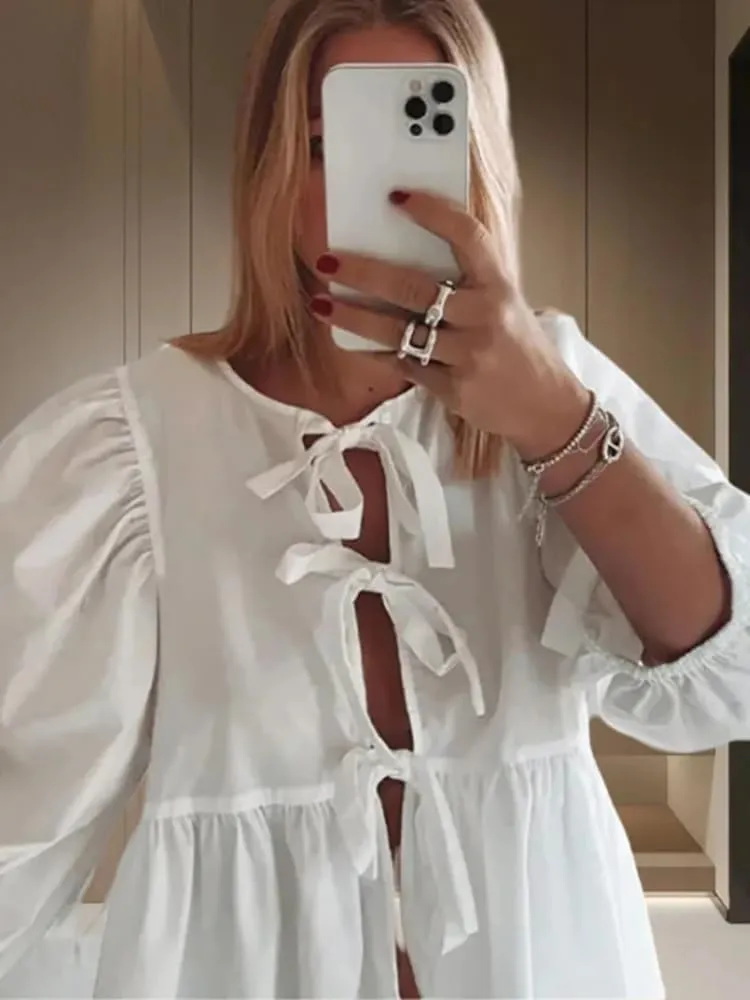 Women Cute Puff Sleeve Bow Tie Front Peplum Tops Ruffle Vacation Babydoll Blouse Shirts Summer Going Out Outfits