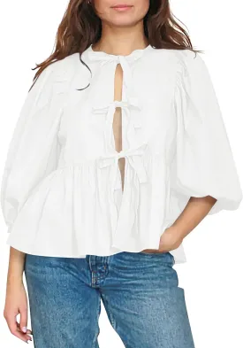 Women Cute Puff Sleeve Bow Tie Front Peplum Tops Ruffle Vacation Babydoll Blouse Shirts Summer Going Out Outfits