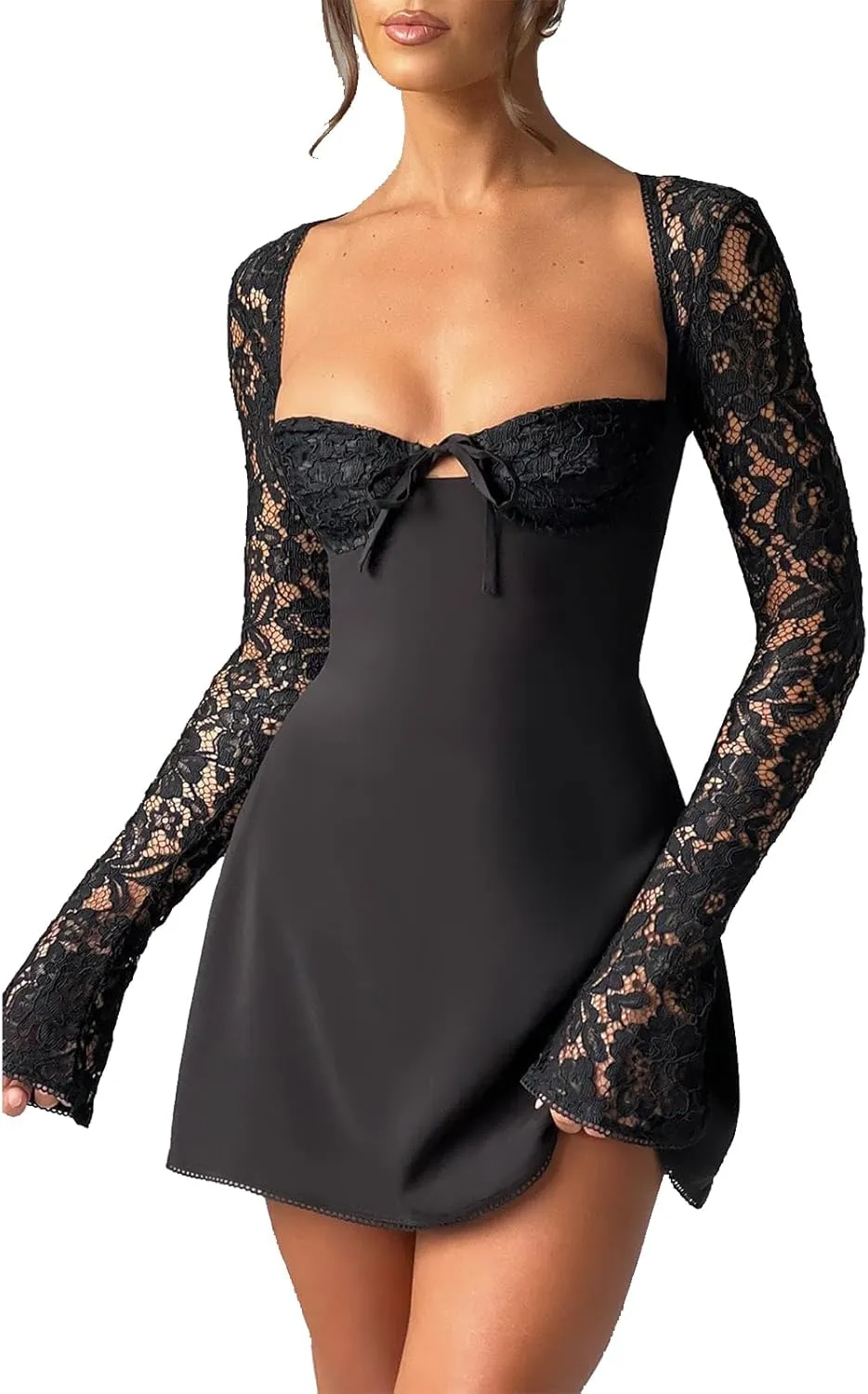 Women Elegant Lace Mini Dress Low Cut Back Tie Lace Patchwork Long Sleeve Dress Cocktail Party Clubwear
