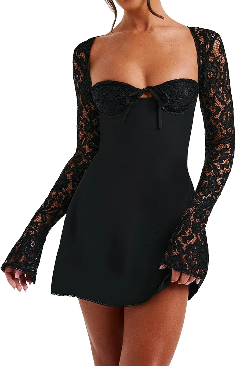 Women Elegant Lace Mini Dress Low Cut Back Tie Lace Patchwork Long Sleeve Dress Cocktail Party Clubwear