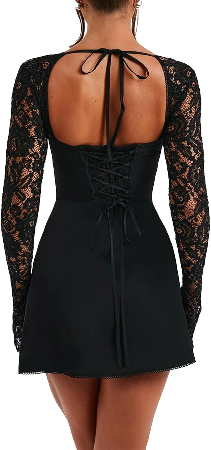Women Elegant Lace Mini Dress Low Cut Back Tie Lace Patchwork Long Sleeve Dress Cocktail Party Clubwear