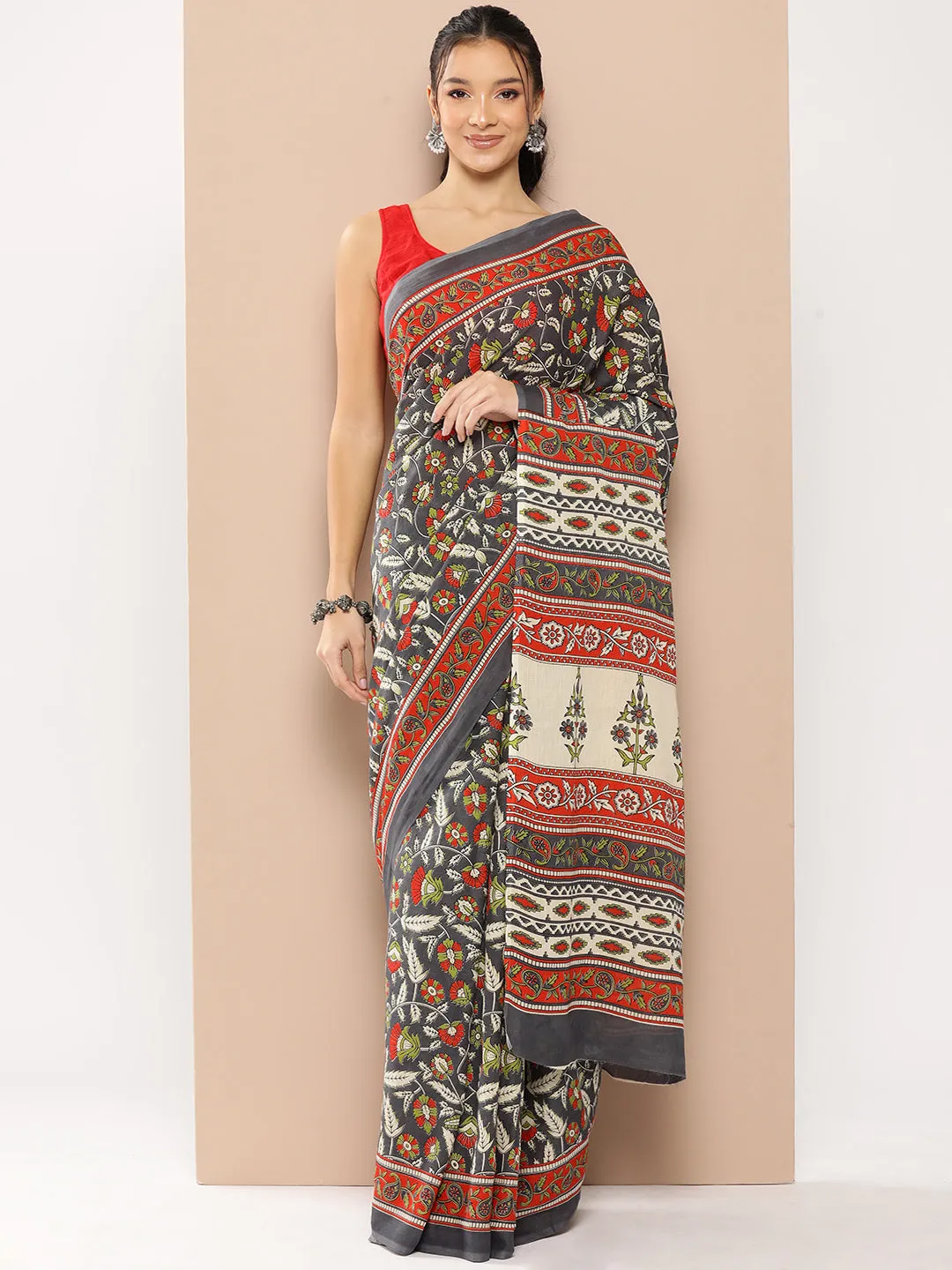 Women Grey Mulmul Cotton Saree