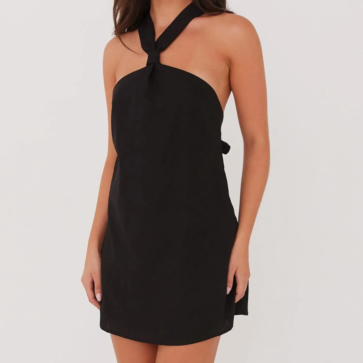 Women Halter Mini Dress Summer Y2K Solid Sexy Open Back Sleeveless Tie Up Bow Aesthetic Short Formal Dresses