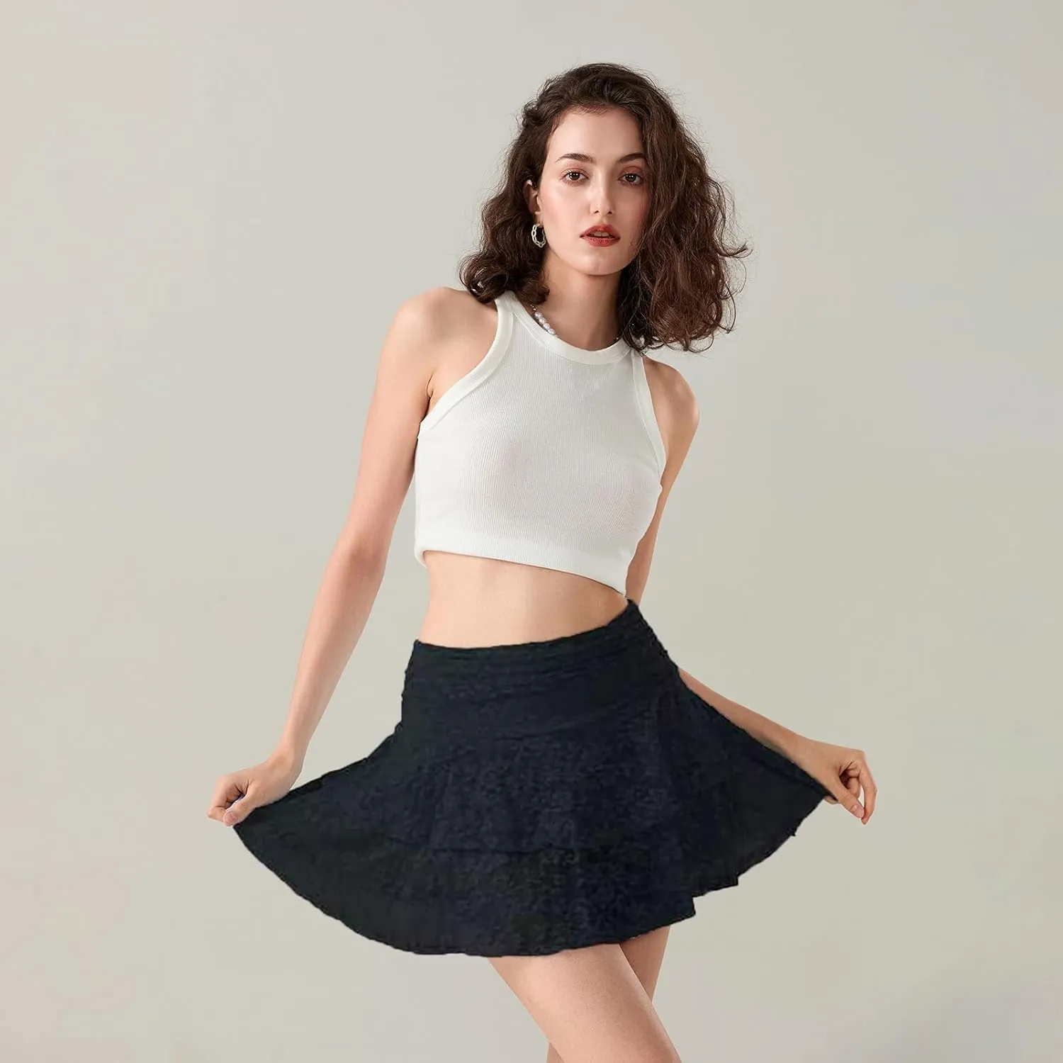 Women Lace Mini Skirt Retro Western Half Slip Skirt Pleated Ruffle a Line Flowy Short Skirt for Concert