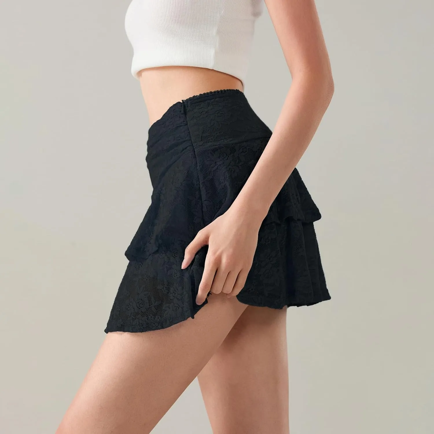 Women Lace Mini Skirt Retro Western Half Slip Skirt Pleated Ruffle a Line Flowy Short Skirt for Concert