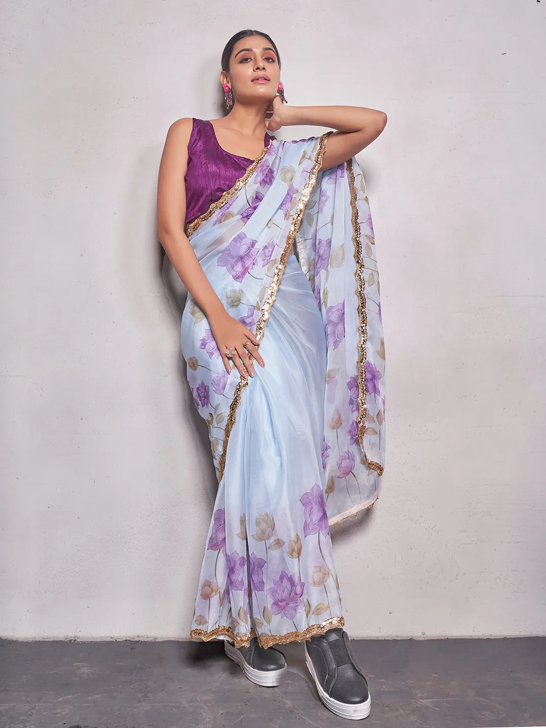 Women Party Wear Flower Printed Saree with Designer Un Stitched Blouse