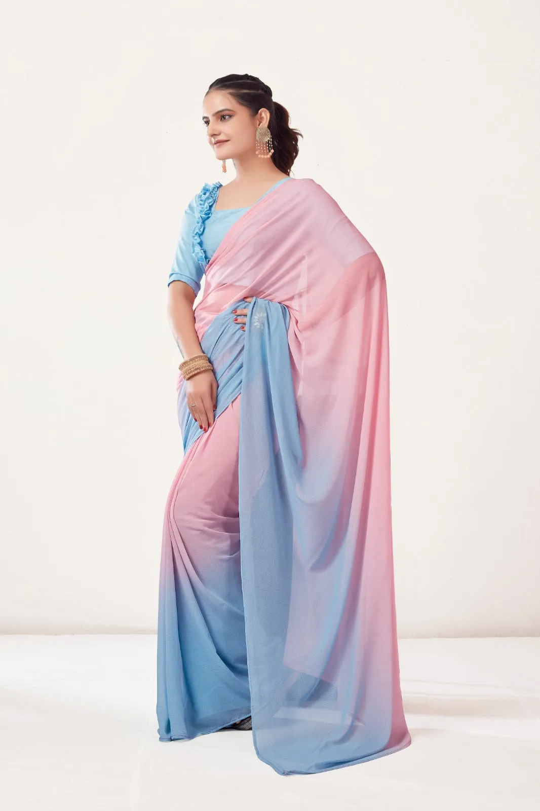 Women Party Wear Printed Georgette Ready-Made Saree with Un Stitched Blouse