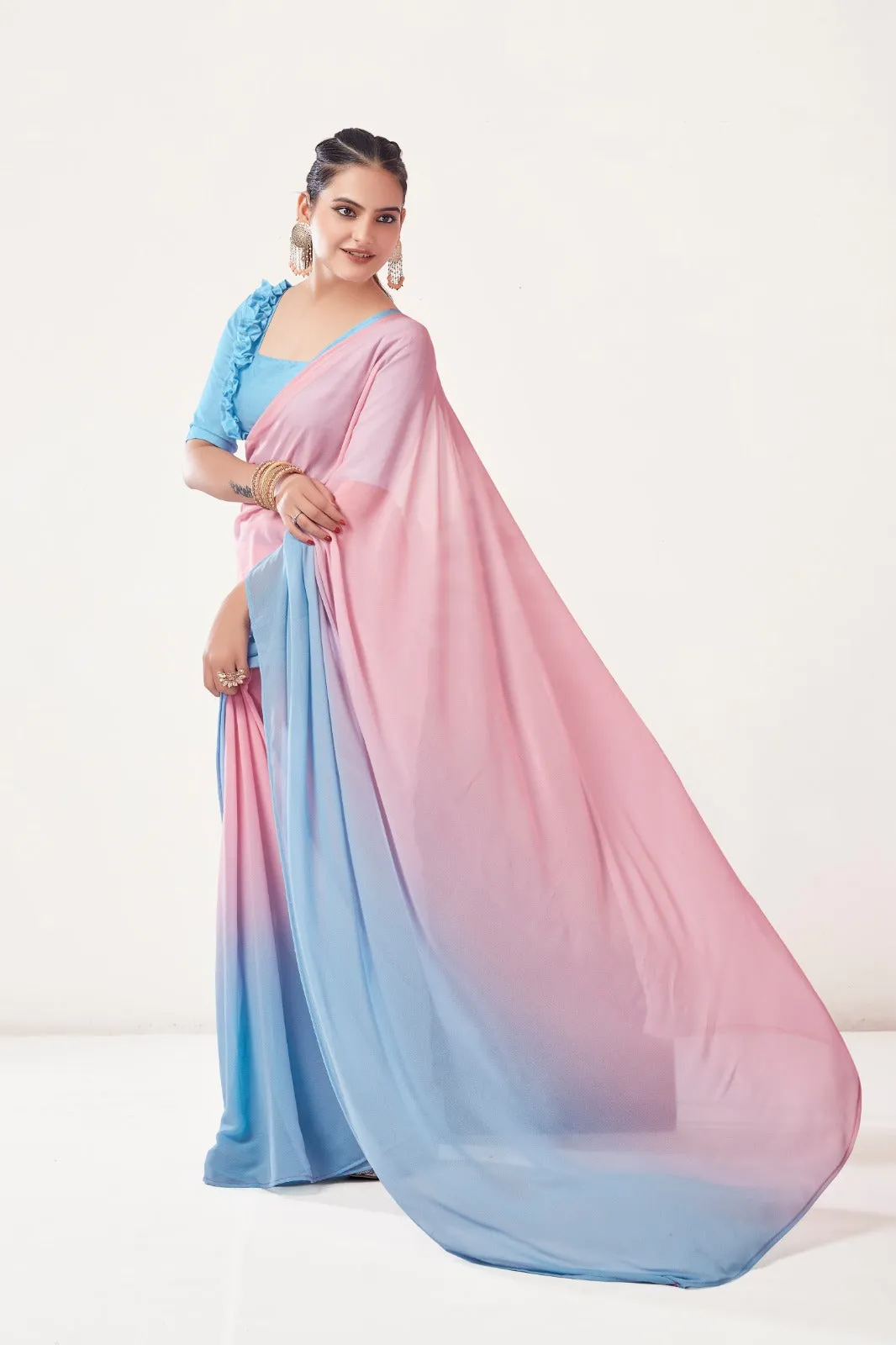 Women Party Wear Printed Georgette Ready-Made Saree with Un Stitched Blouse