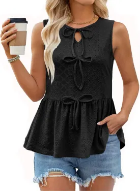 Women Summer Eyelet Peplum Sleeveless Tank Tops Crew Neck Y2K Babydoll Blouse Cute Bow Tie Front Flowy Shirts
