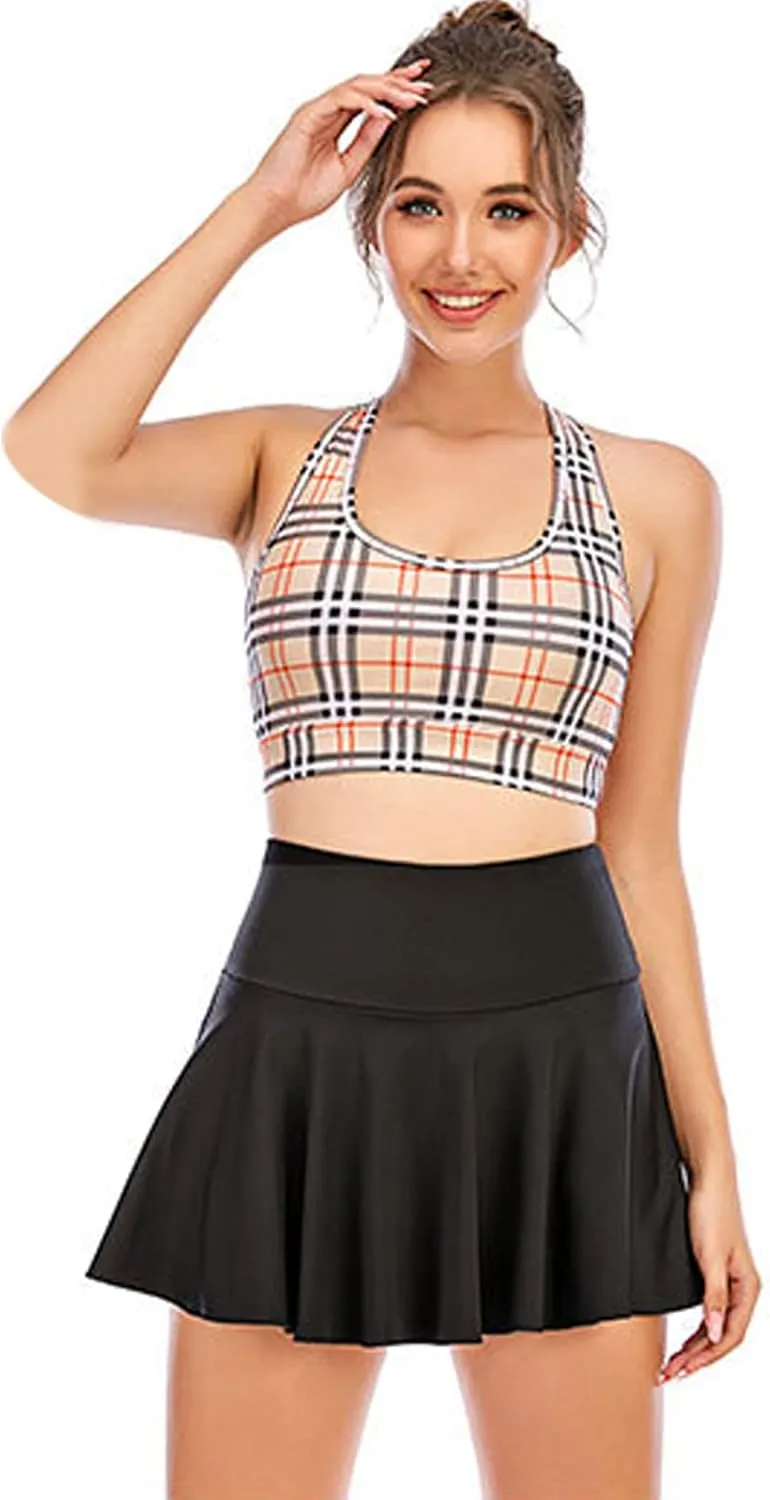Women's Athletic Tennis Skirts Flowy Athletic Shorts for Big Girl Gym Yoga Workout Running Cute Pink Plaid Skirt for Women
