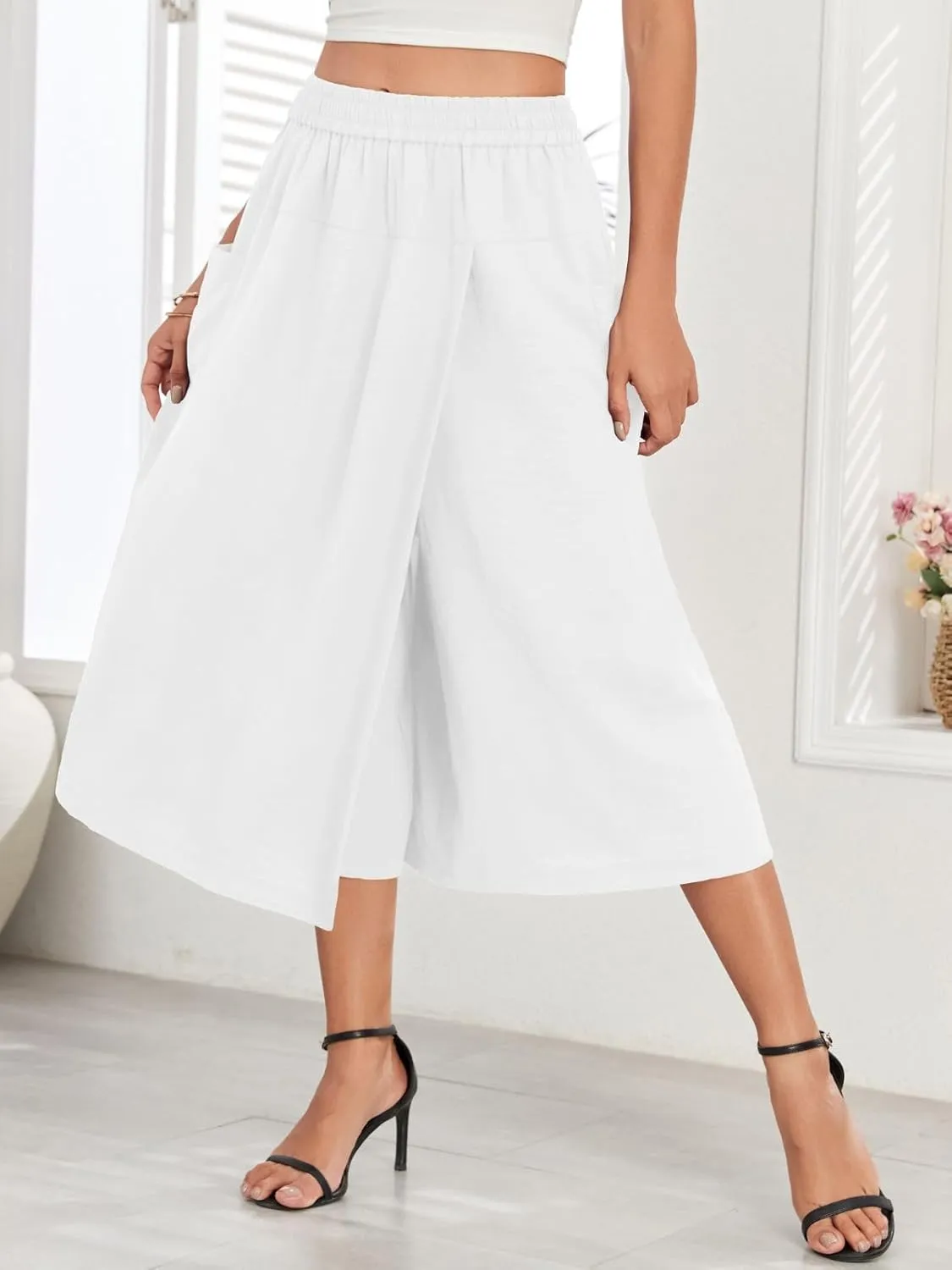 Women's Casual Capri Pants Relaxed Fit Skirt Pant High Waist White Culottes Split Flowy Palazzo with Pockets