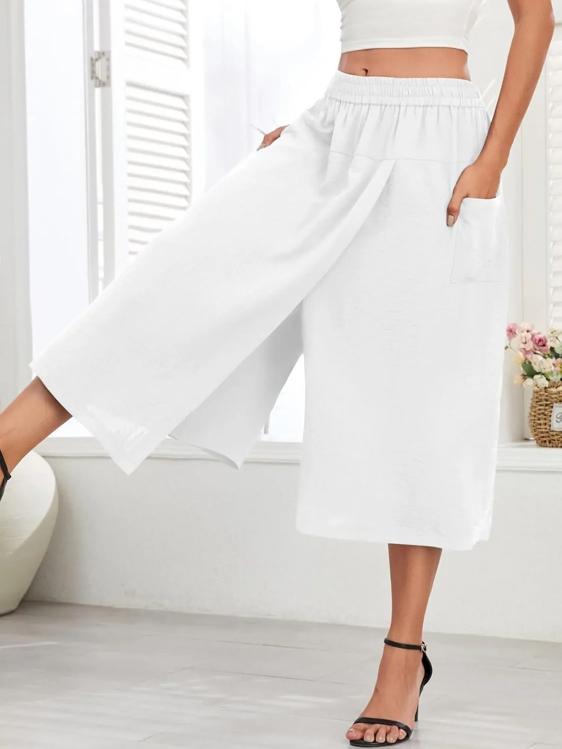 Women's Casual Capri Pants Relaxed Fit Skirt Pant High Waist White Culottes Split Flowy Palazzo with Pockets