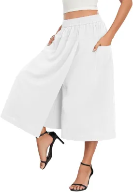 Women's Casual Capri Pants Relaxed Fit Skirt Pant High Waist White Culottes Split Flowy Palazzo with Pockets