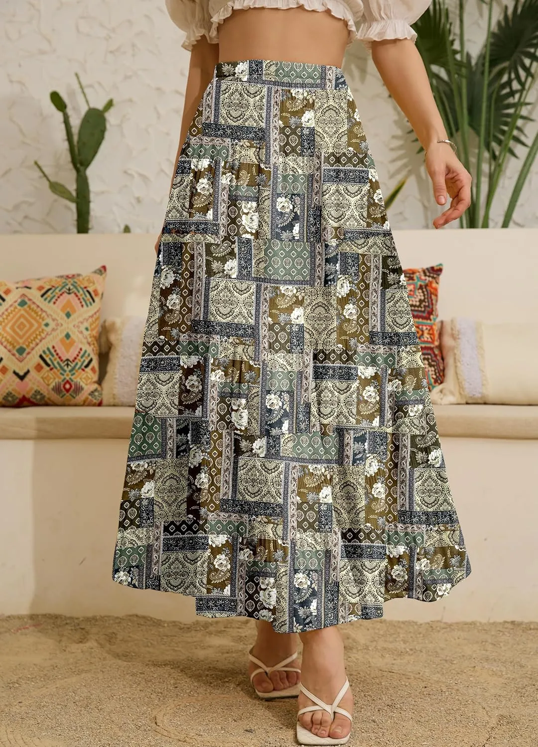 Women's Chiffon White Flowy Maxi Skirts Boho Summer Elastic Waisted Pleated A Line Long Skirt for Women 2025