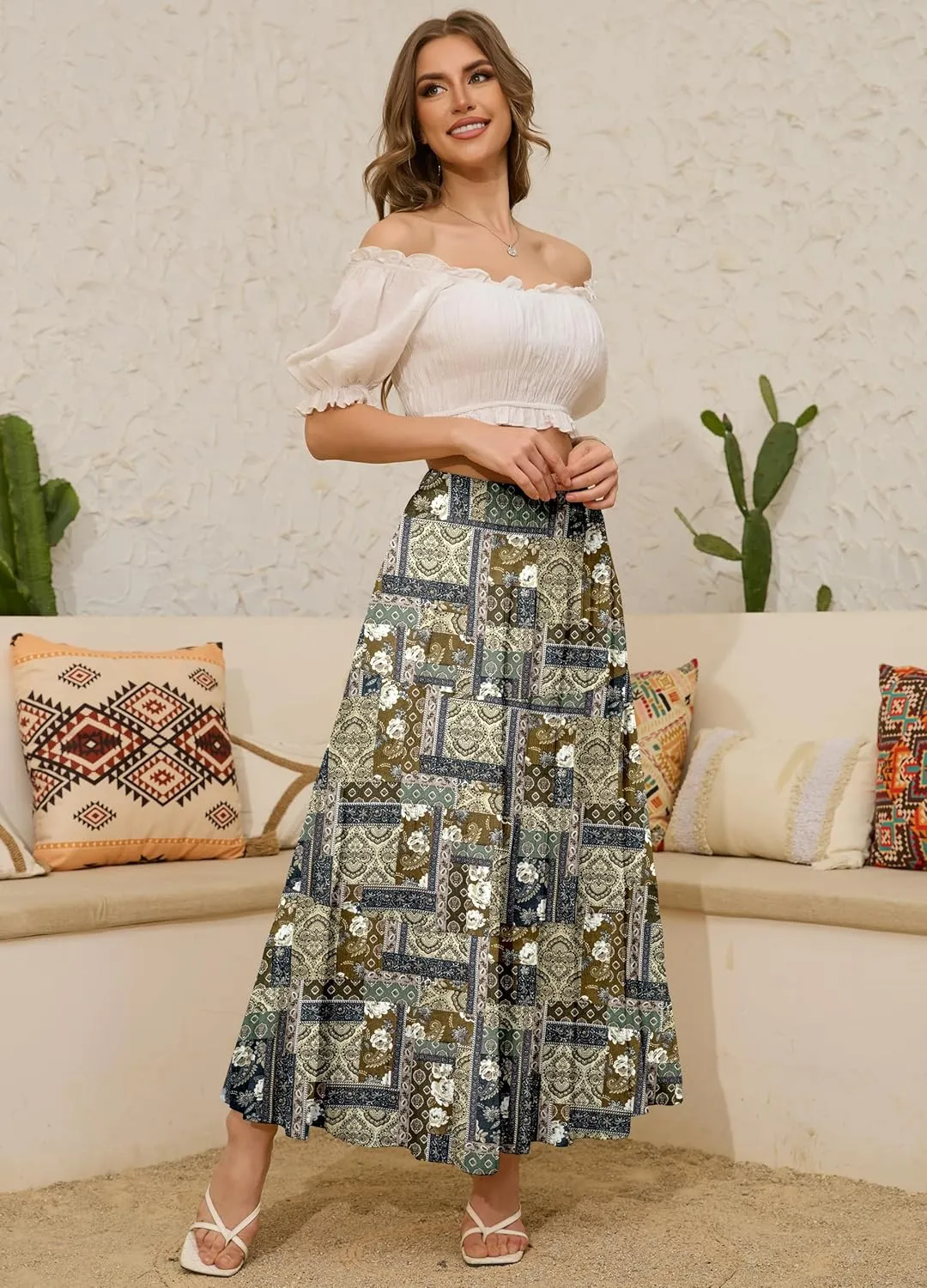Women's Chiffon White Flowy Maxi Skirts Boho Summer Elastic Waisted Pleated A Line Long Skirt for Women 2025