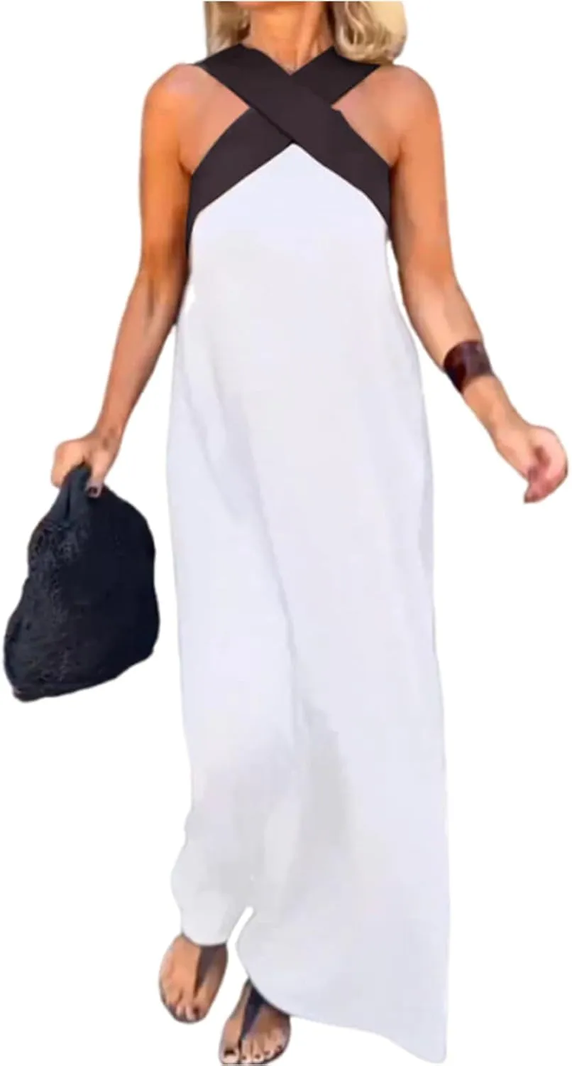 Women's Cross Halter Neck Sleeveless Stitching Dress, Trendy Causal Summer Beach Long Dress