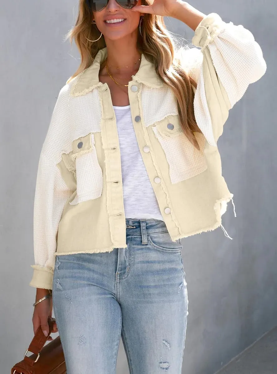 Women's Denim Spliced Waffle Knit Cropped Jacket Button Down Boyfriend Shirt Shacket Tops
