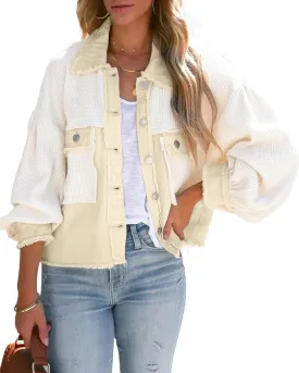 Women's Denim Spliced Waffle Knit Cropped Jacket Button Down Boyfriend Shirt Shacket Tops