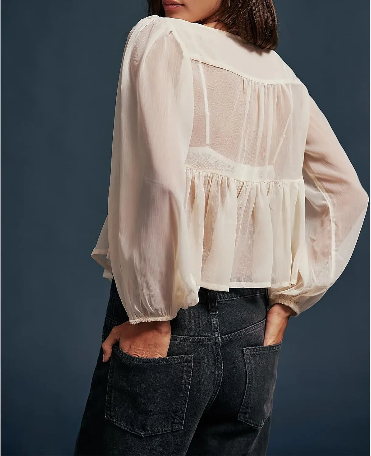 Womens Flowy Bow Front Tie Top Y2k Long Sleeve Peplum Ruffle Lace Trim Shirt Sheer V Neck Beach Lightweight Blouse