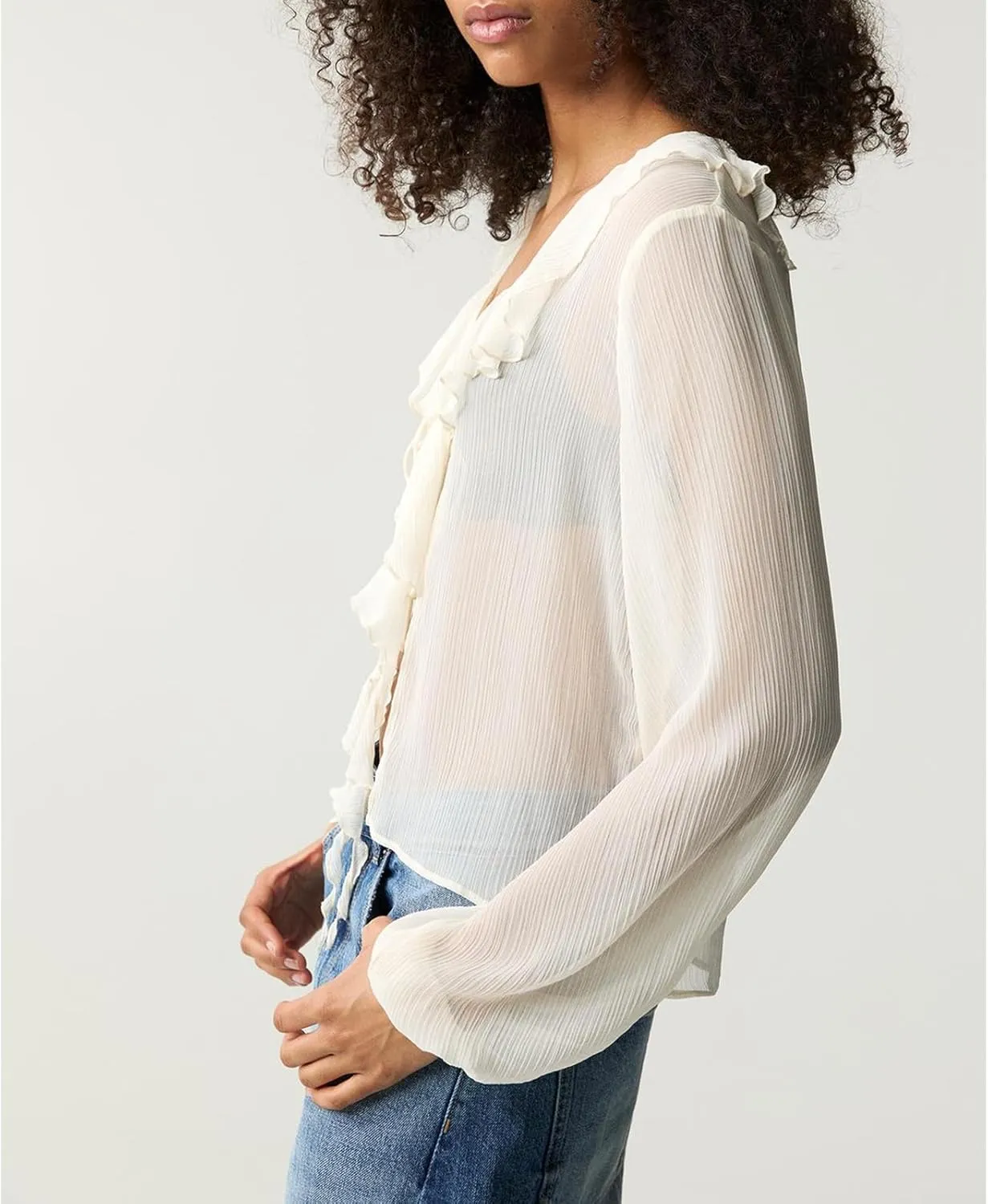 Womens Flowy Bow Front Tie Top Y2k Long Sleeve Peplum Ruffle Lace Trim Shirt Sheer V Neck Beach Lightweight Blouse