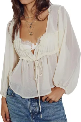 Womens Flowy Bow Front Tie Top Y2k Long Sleeve Peplum Ruffle Lace Trim Shirt Sheer V Neck Beach Lightweight Blouse