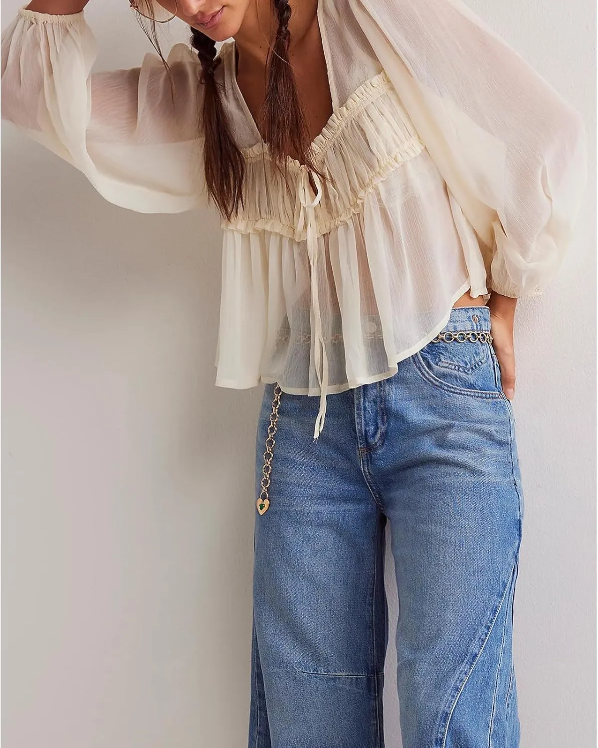 Womens Flowy Bow Front Tie Top Y2k Long Sleeve Peplum Ruffle Lace Trim Shirt Sheer V Neck Beach Lightweight Blouse