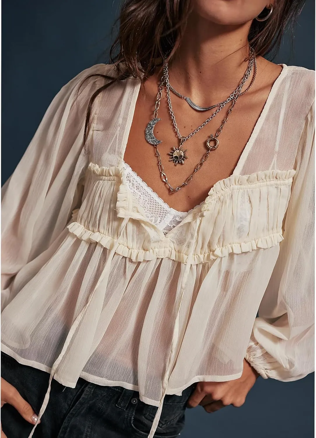 Womens Flowy Bow Front Tie Top Y2k Long Sleeve Peplum Ruffle Lace Trim Shirt Sheer V Neck Beach Lightweight Blouse