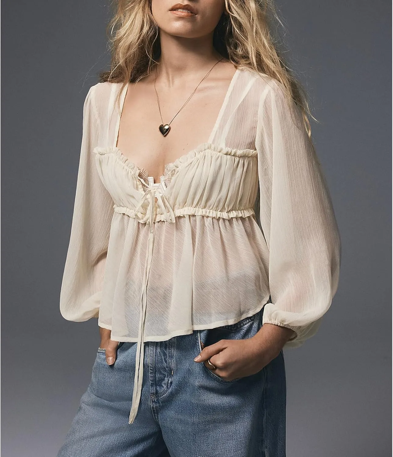Womens Flowy Bow Front Tie Top Y2k Long Sleeve Peplum Ruffle Lace Trim Shirt Sheer V Neck Beach Lightweight Blouse