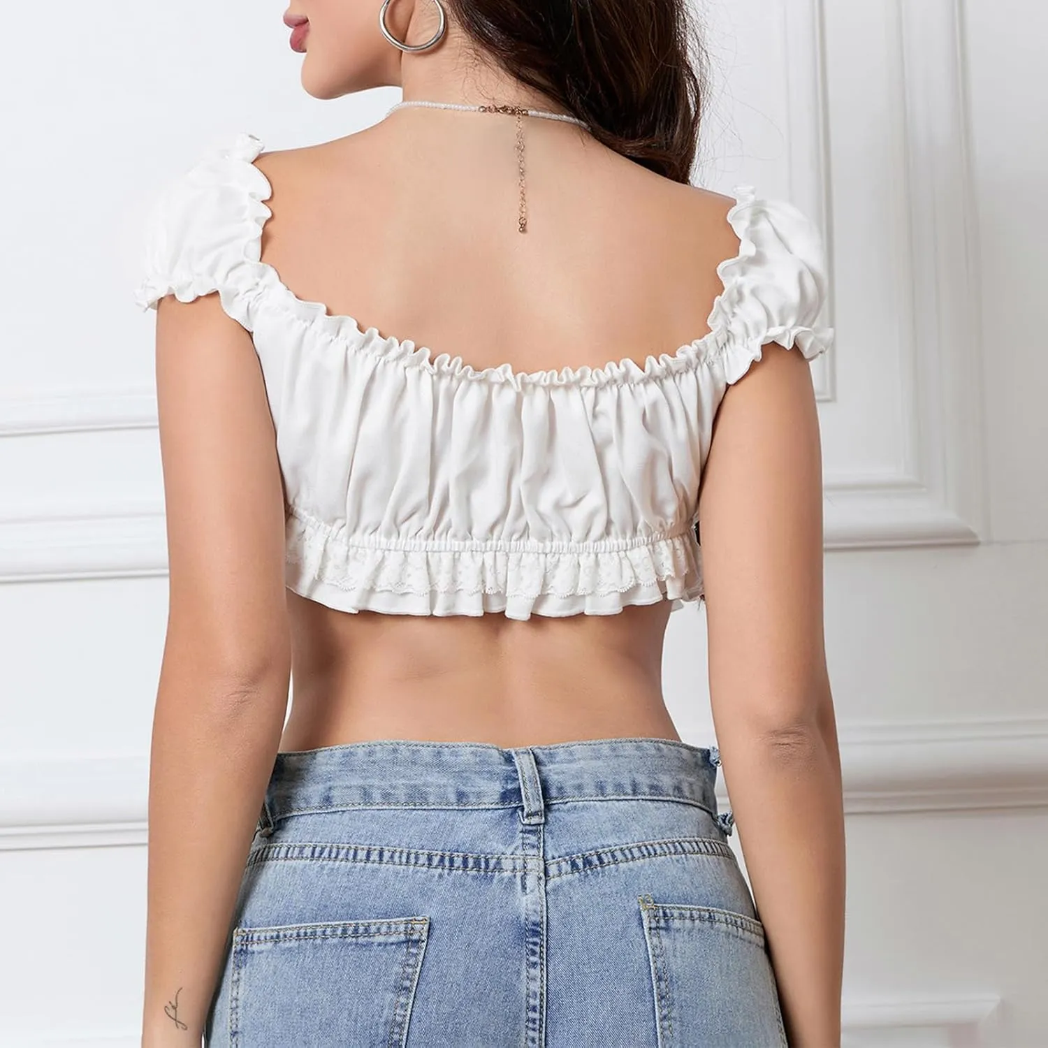 Women's Off Shoulder Ruffle Trim Ruched Crop Top Short Sleeve Solid Plain Slim Fit Tee Tops Bardot Blouse