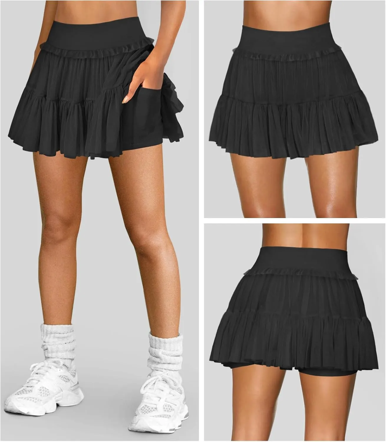 Women's Pleated Flowy Ruffle Tennis Skirt Skort for Women High Waisted Mini Athletic Golf Skirt with Shorts Pocket