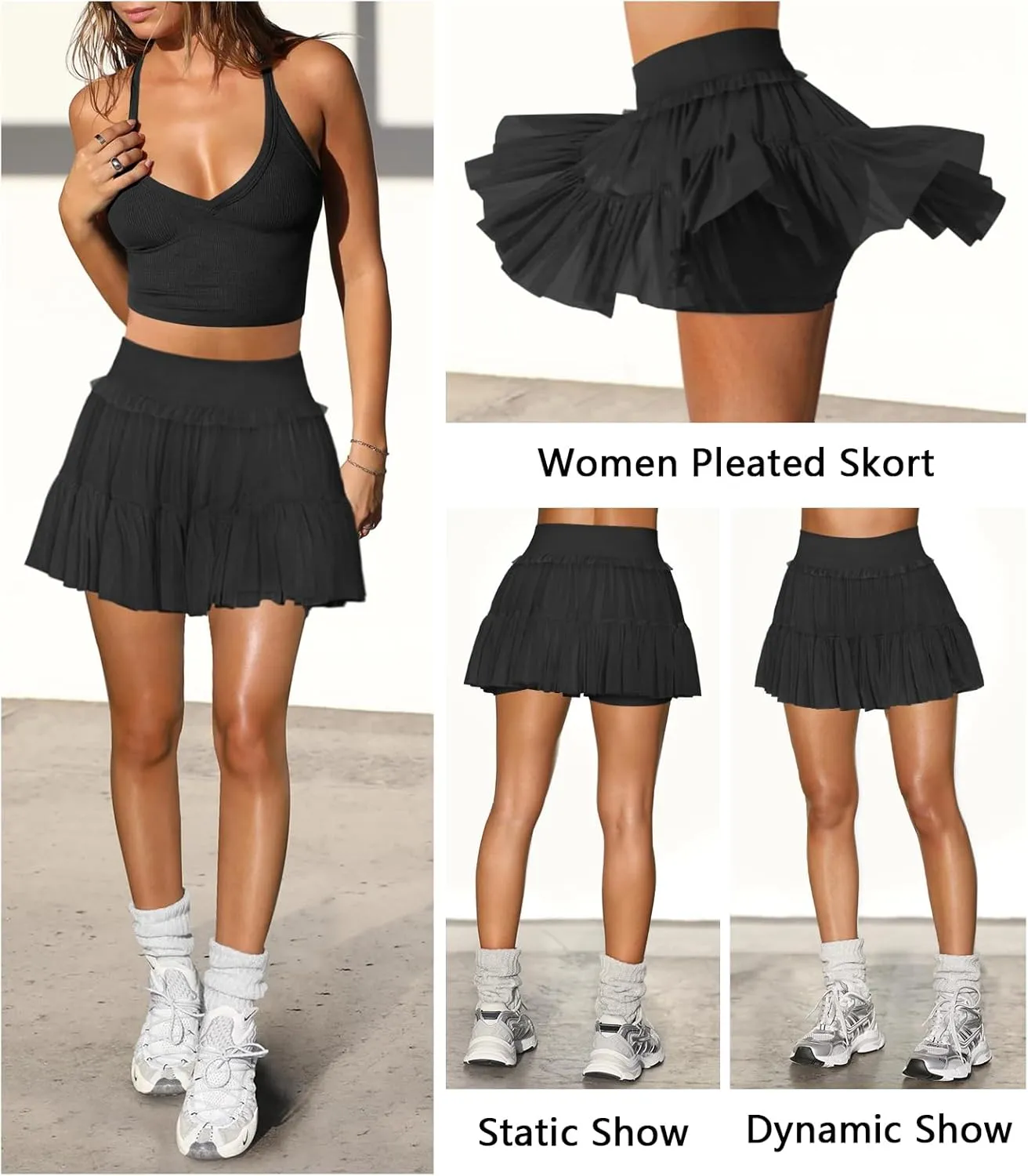 Women's Pleated Flowy Ruffle Tennis Skirt Skort for Women High Waisted Mini Athletic Golf Skirt with Shorts Pocket
